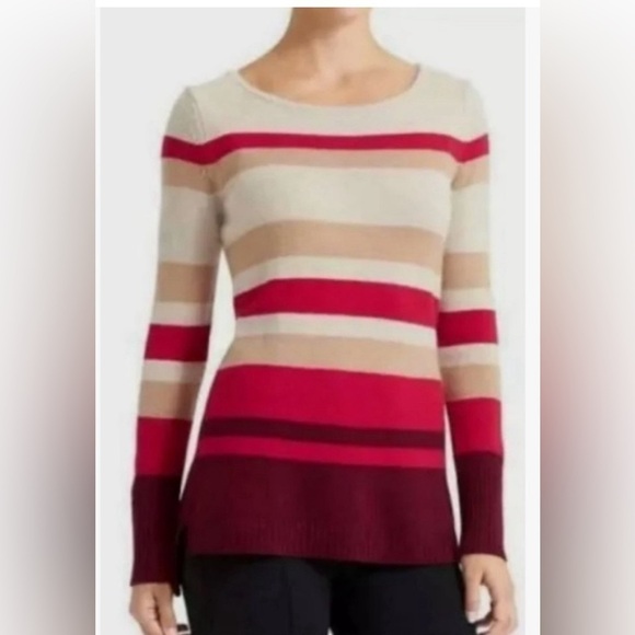 Athleta Cashmere Lodge Sweater Chianti Stripe Red Tan Women XXS - Picture 1 of 12